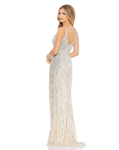 Shop Mac Duggal Sequin A Line Gown In Nude Silver