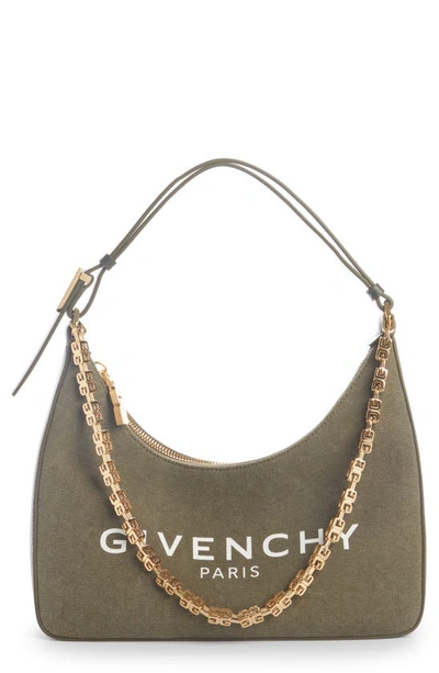 Shop Givenchy Small Moon Cut Out Logo Canvas Hobo Bag In Dark Khaki