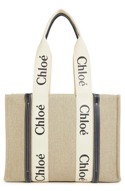 Shop Chloé Medium Woody Linen Tote In White - Blue 1