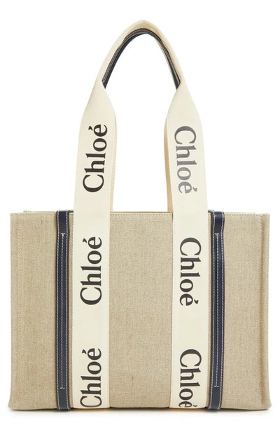 Shop Chloé Medium Woody Linen Tote In White - Blue 1
