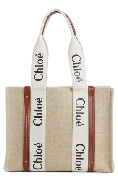 Shop Chloé Medium Woody Linen Tote In White - Brown 1