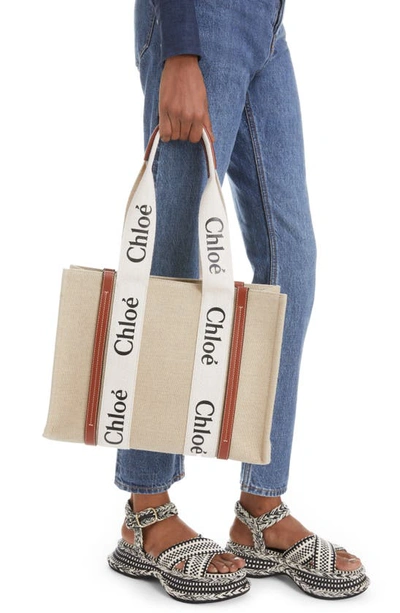 Shop Chloé Medium Woody Linen Tote In White - Brown 1