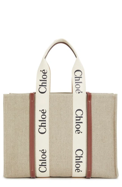 Shop Chloé Large Woody Linen Tote In White - Brown 1