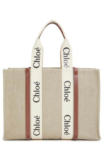 Shop Chloé Large Woody Linen Tote In White - Brown 1