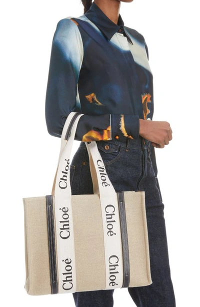 Shop Chloé Large Woody Linen Tote In White - Blue 1