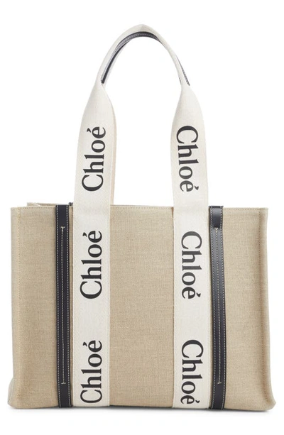 Shop Chloé Large Woody Linen Tote In White - Blue 1
