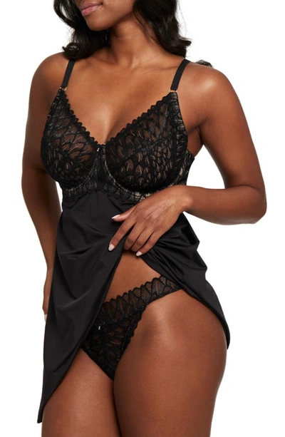Montelle Intimates Lacey Underwire Babydoll Chemise In Black