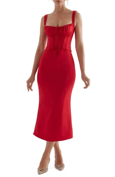 Shop House Of Cb Valencia Duchess Satin Corset Midi Dress In Red Rose