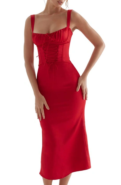 Shop House Of Cb Valencia Duchess Satin Corset Midi Dress In Red Rose