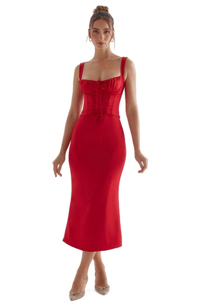 Shop House Of Cb Valencia Duchess Satin Corset Midi Dress In Red Rose