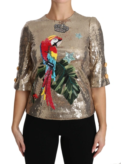 Shop Dolce & Gabbana Gold Parrot Motif Crewneck Blouse With Women's Crystals