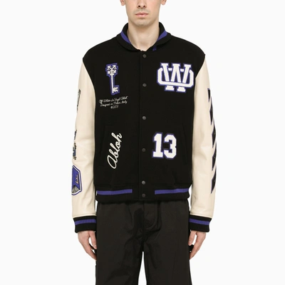Off-white Leather Varsity Bomber With Patchwork In Black