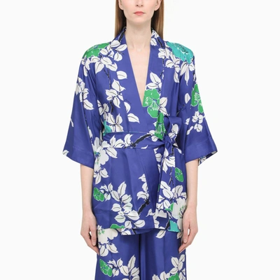 Shop P.a.r.o.s.h Blue Printed Silk Kimono In Multicolor