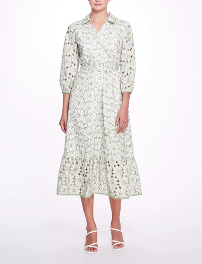 Shop Marchesa Floral Embroidered Midi-shirt Dress In Mint