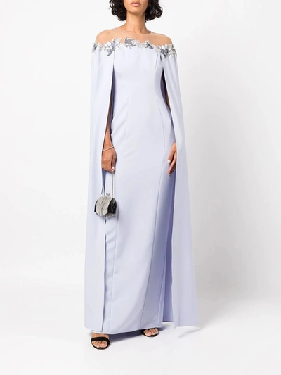 Shop Marchesa Illusion Cape Effect Crepe Gown In Lilac