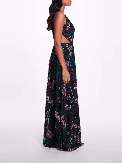 Shop Marchesa Keyhole Back Floral Gown In Black