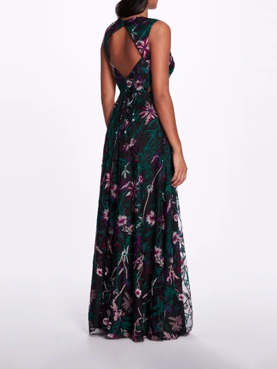 Shop Marchesa Keyhole Back Floral Gown In Black