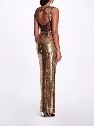 Shop Marchesa Metallic Open Back Gown In Gold