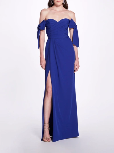 Shop Marchesa Off Shoulder Bow Sleeve Gown In Lapis