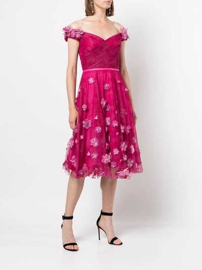 Shop Marchesa Off Shoulder Cocktail With Ombre 3d Flowers In Fuchsia