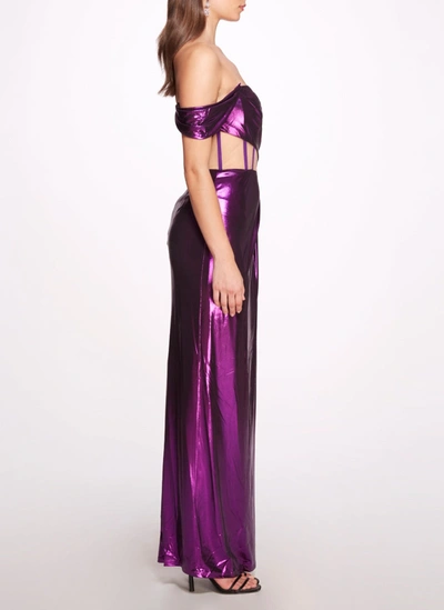 Shop Marchesa Off Shoulder Lamé Gown With Draped Bodice In Amethyst
