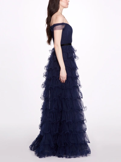 Shop Marchesa Off Shoulder Tiered Gown In Navy