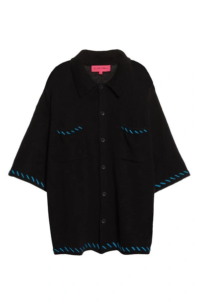 Shop The Elder Statesman Nimbus Whipstitch Trim Cashmere & Cotton Button-up Knit Shirt In Black W/ Santorini - C676