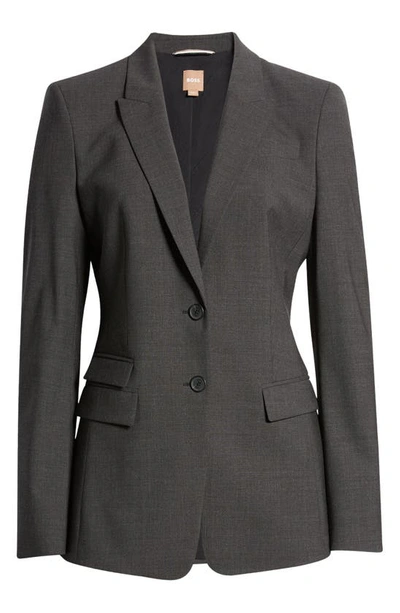 Hugo Boss Stretch Wool Blazer With Curved Lapels In Charcoal