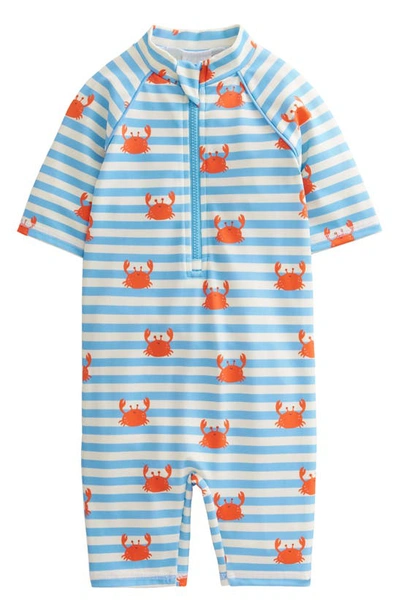 Shop Mini Boden Stripe Short Sleeve One-piece Rashguard Swimsuit In Blue Crab Stripe