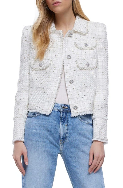River Island Faux Pearl Crop Bouclé Trophy Jacket In Cream