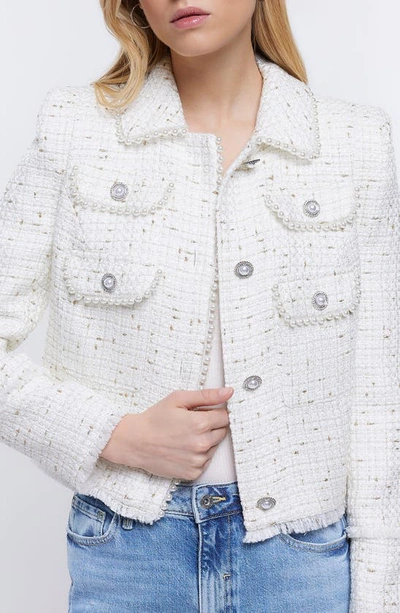 River Island Faux Pearl Crop Bouclé Trophy Jacket In Cream