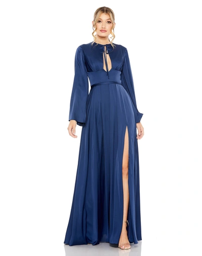 Shop Mac Duggal Charmeuse Soft Tie Keyhole Bell Sleeve Gown In Midnight