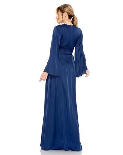 Shop Mac Duggal Charmeuse Soft Tie Keyhole Bell Sleeve Gown In Midnight