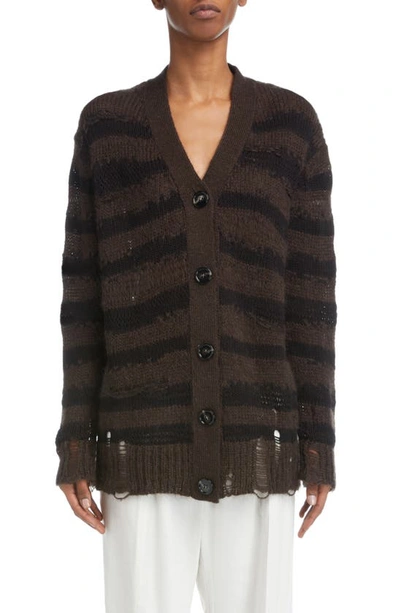 Shop Acne Studios Koliva Distressed Stripe Cotton & Mohair Blend Cardigan In Warm Charcoal Grey/ Black