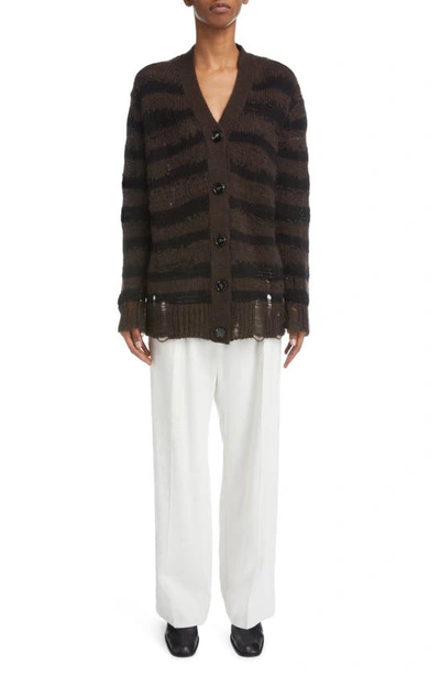 Shop Acne Studios Koliva Distressed Stripe Cotton & Mohair Blend Cardigan In Warm Charcoal Grey/ Black