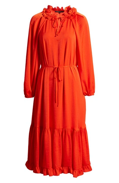 Shop Kobi Halperin Torrence Long Sleeve Hammered Satin Ruffle Dress In Flame