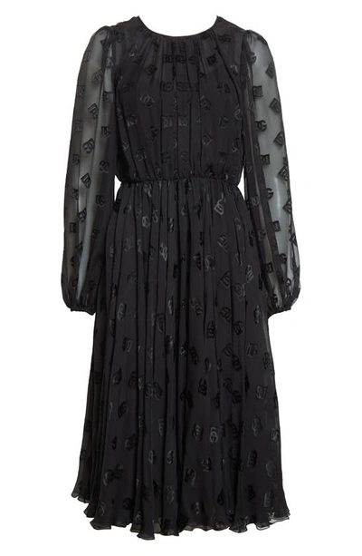 Shop Dolce & Gabbana Logo Jacquard Long Sleeve Chiffon Dress In Black