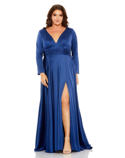 Shop Mac Duggal Quarter Sleeve V Neck A Line Gown In Midnight