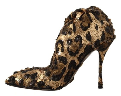 Shop Dolce & Gabbana Gold Leopard Sequins Heels Boots Women's Shoes