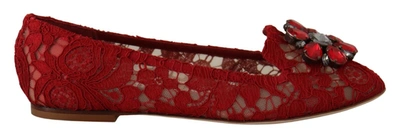 Shop Dolce & Gabbana Red Lace Crystal Ballet Flats Loafers Women's Shoes