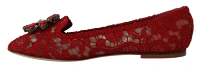 Shop Dolce & Gabbana Red Lace Crystal Ballet Flats Loafers Women's Shoes