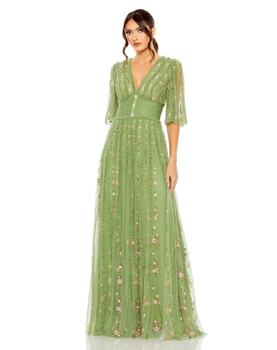 Shop Mac Duggal Floral V-neck Ruffle Detail Empire Waist Gown In Moss Green