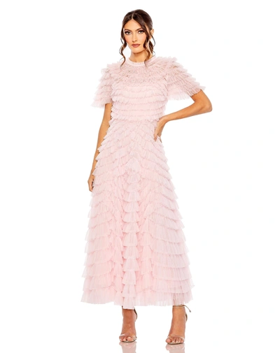 Shop Mac Duggal High Neck Short Sleeve Tiered Ruffle A Line Dress In Rose