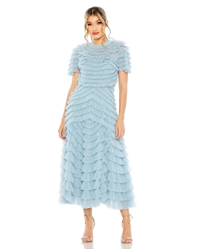 Shop Mac Duggal High Neck Short Sleeve Tiered Ruffle A Line Dress In French Blue