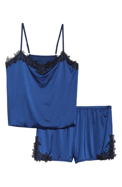Shop Oh La La Cheri Karla Lace Trim Satin Pajamas In Estate Blue/ Black