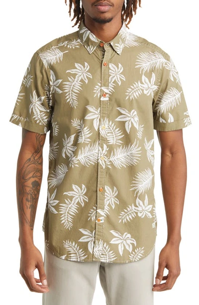 Shop Scotch & Soda Trim Fit Floral Print Short Sleeve Button-up Shirt In 5816-khaki Leaf