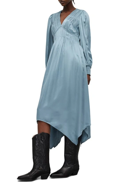 Allsaints Estelle Long Sleeve Asymmetric Hem Dress In Blue