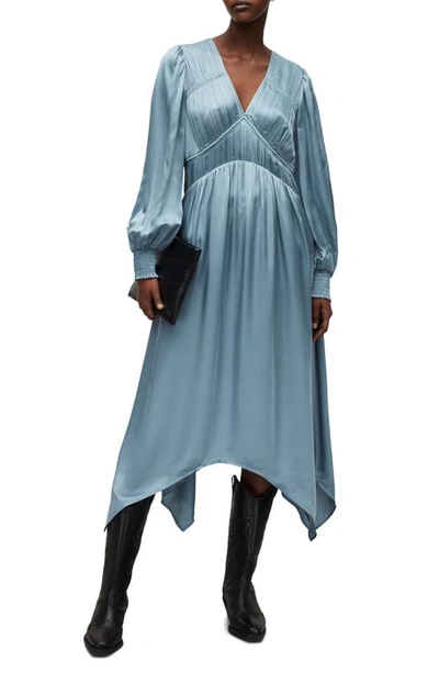 Allsaints Estelle Long Sleeve Asymmetric Hem Dress In Blue