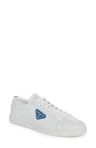Shop Prada Lane Triangle Logo Low Top Leather Sneaker In Bianco/ Cobalto