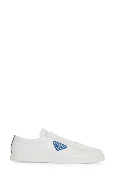 Shop Prada Lane Triangle Logo Low Top Leather Sneaker In Bianco/ Cobalto